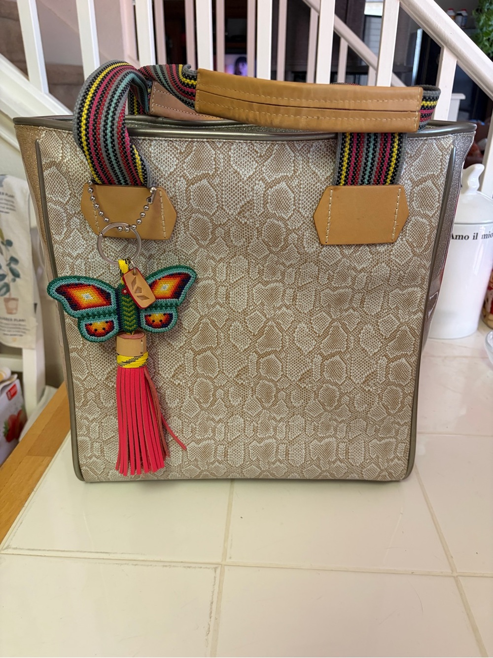 Neutral Snake-Print Tote with Multicolor Strap and Butterfly Tassel